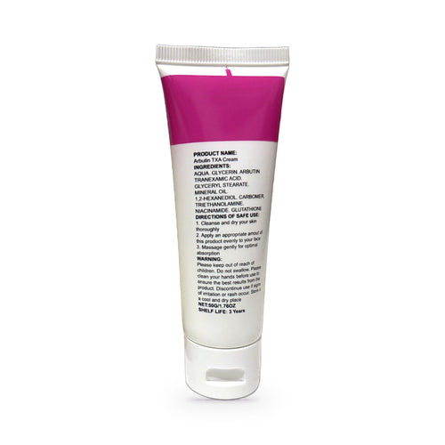 Reverso del tubo con ingredientes y modo de uso de la crema Arbutin TXA